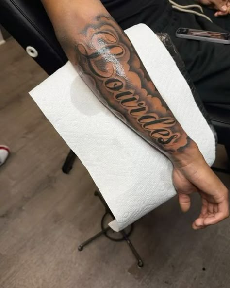 Long Tattoo Design Arm, Arm Tattoo Men Forearm Sleeve Ideas, Forearm Tattoo Lettering, Tattoo Ideas For Men Meaningful Family, Side Arm Tattoo Men, Otf Tattoo Tat, Blessed Tattoo For Men, Mom Tattoo For Men, Outside Forearm Tattoo Men