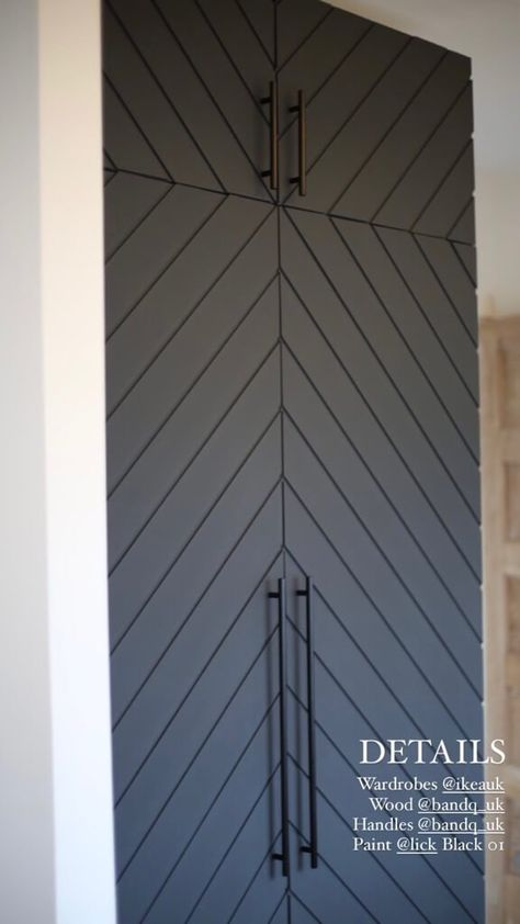 Diy Panelling Wardrobe Doors, Closet Doors Designs, Panelled Wardrobe Doors Diy, Revamp Wardrobe Doors, Diy Wardrobe Cabinet With Doors, Chevron Closet Doors, Modern Closet Door Ideas, How To Make Sliding Wardrobe Doors, Herringbone Closet Doors