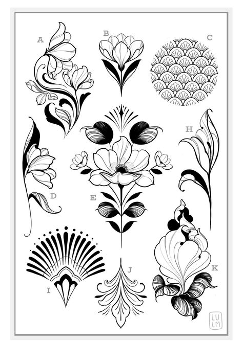 Fiori Art Deco, Fleurs Art Nouveau, Art Deco Tattoo, Art Nouveau Tattoo, Motifs Art Nouveau, Nouveau Tattoo, Illustration Art Nouveau, Art Nouveau Illustration, Spine Tattoos