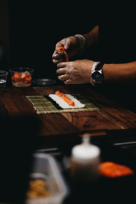 Sushi Dark Photography, Fancy Sushi Aesthetic, Sushi Product Photography, Food Photography Japanese, Sushi Photoshoot Ideas, Sushi Lifestyle Photography, Sushi Aesthetic Restaurant, Food Photography Sushi, Sushi Restaurant Aesthetic