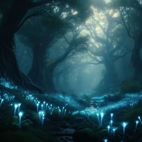 Kingdom In The Forest, Fantasy Bioluminescent Forest, Dark Fantasy Forest Art, Mythical Forest Aesthetic, Dark Enchanted Forest Aesthetic, Forest Kingdom Aesthetic, Bioluminescence Forest, Fantasy Forest Aesthetic, Fantasy World Forest