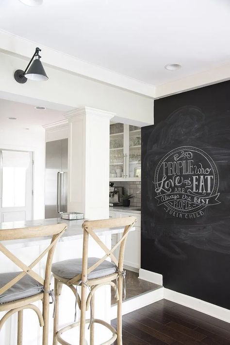 Adding a kitchen accent wall to your home is the perfect way to spice up the space without blowing your budget. Read our latest blog to find the latest trending kitchen accent wall ideas & photos! From paint colors, wood types, tile, and shiplap, we're covering every material that's hit the market. | Lily Ann Blogs Chalkboard In Kitchen, Chalkboard Wall Kitchen, Kitchen Accent Wall, Kitchen Inspiration Board, Chalkboard Walls, Accent Wall In Kitchen, Kitchen Chalkboard, Chalk Wall, Service Area