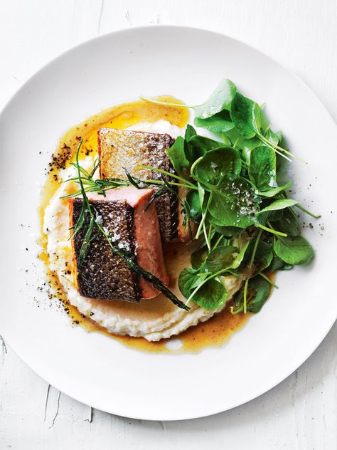 Crispy Skin Salmon With Tarragon Brown Butter And Celeriac Almond Puree | Donna Hay Crispy Skin Salmon, Gourmet Food Plating, Salmon Fillet, Decorações Com Comidas, Plating Ideas, Fine Dining Recipes, Munnar, Pureed Food Recipes, Fish And Chips