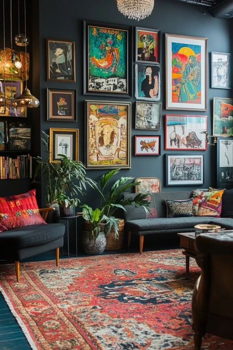 "Elevate your home decor with a Maximalist Art Gallery Wall! 🎨🖼️ This design trend is all about embracing bold colors, eclectic art, and a mix of styles for a truly personalized space. 🌟✨ #MaximalistDesign #GalleryWallDecor #CreativeSpaces" Many Paintings On Wall, Modern Eclectic Wall Art, Home Design Maximalist, Masculine Maximalist Decor, Travel Prints Gallery Wall, Art In Homes Interior Design, Eclectic Wall Decor Ideas, Pop Art Gallery Wall, Maximalist Art Wall