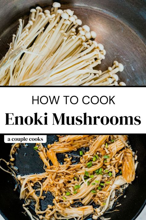 Enoki mushrooms are a beautiful type of mushroom that's extraordinarily delicious! Here’s a recipe for how to cook this tasty fungi. | side dishes | mushroom recipes | vegetarian recipes | vegan, recipes | plant based recipes | dairy free recipes | gluten free recipes | #enoki #mushrooms #enokimushrooms #mushroomrecipe #enokitake How To Make Enoki Mushrooms, Vegan Enoki Mushroom, Emoji Mushroom Recipe, Easy Enoki Mushroom Recipe, Enoki Mushroom Recipe Vegan, How To Cook Enoki Mushrooms, Japanese Mushroom Recipes, Enochi Mushrooms Recipe, Asian Mushroom Recipes