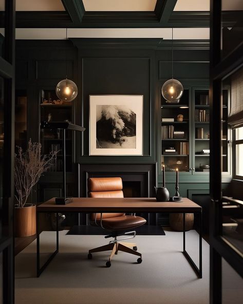 Home Office Dark, Masculine Home Office, Lawyer Office, Modern Home Offices, Green Walls, Small Home Office, Home Office Setup, Decoration Inspiration, Home Office Space