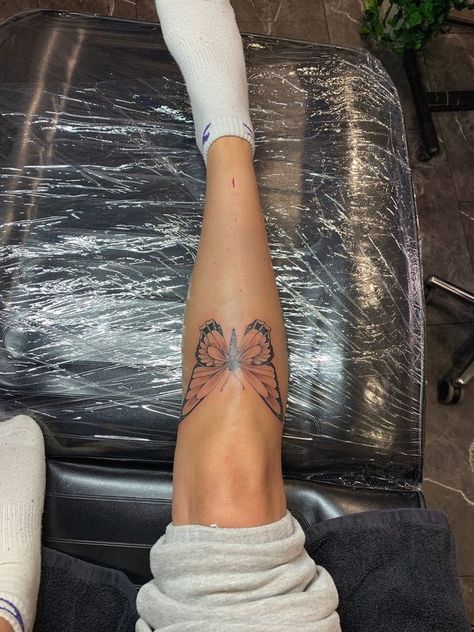 Leg Sleeve Tattoo Knee Down, Butterfly Tattoo On Lower Leg, Shin Butterfly Tattoos For Women, Tattoo Ideas Butterfly Leg, Butterfly Shin Tattoos For Women, Butterfly Tattoo On The Leg, Back Of Calf Butterfly Tattoo, Butterfly Tattoo On Knee For Women, Butterfly On Shin Tattoo