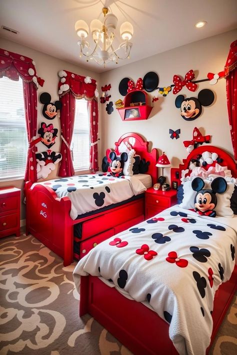 Michey Mouse, Minnie Mouse Bedding, Minnie Mouse Bedroom, Disney House Ideas, Mickey Mouse Bedroom, Glitter Flask, Room Color Combination, Disney Bedrooms, Disney Room Decor