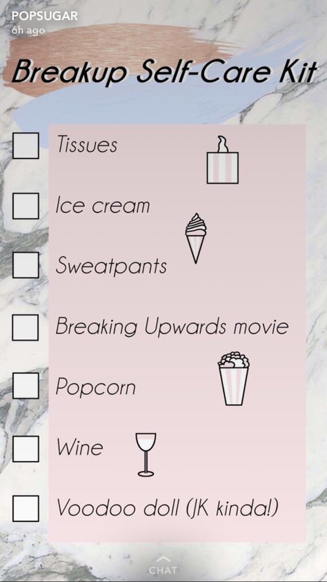 Breakup Self Care Kit Checklist Breakup Basket, Breakup Kit, Post Breakup, Self Care Kit, Movie Popcorn, Doing Better, Break Ups, Voodoo Dolls, Care Packages