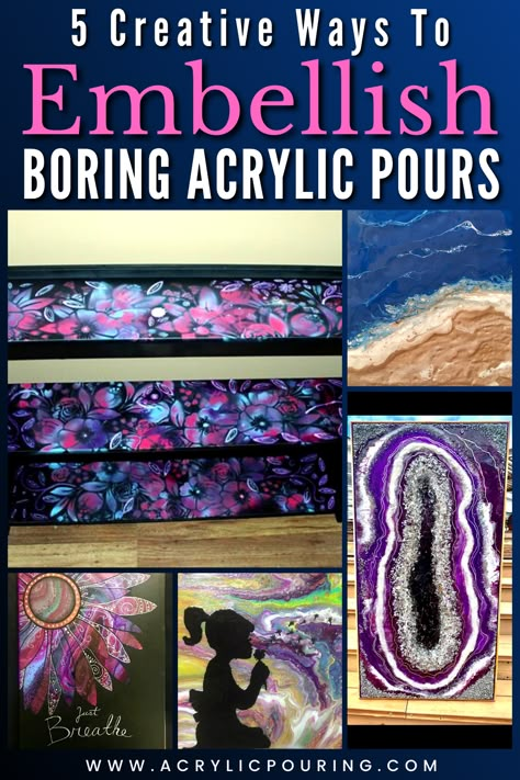 Pour Paint Projects, Painting Over Acrylic Pour, Paint Pouring Projects, Embellished Paint Pour, Acrylic Pours Ideas, Acrylic Pour Painting Ideas On Canvas, Fluid Art Color Combinations, Acrylic Pour Painting Ideas, Acrylic Paint Pouring Techniques