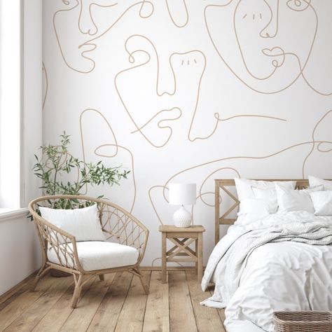 Line Art Wall Mural, Scandi Wallpaper, Pink Line Art, Abstract Face Line Art, Seaside Wallpaper, Line Art Wallpaper, Art Wall Mural, Tropical Art Deco, Modern Line Art