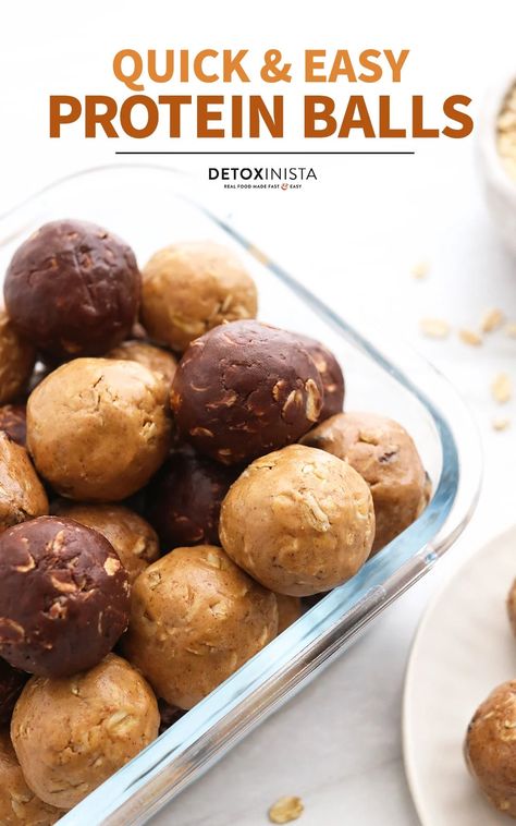 Protein Balls are a quick & healthy snack made with protein powder. They taste like cookie dough, and take just 10 minutes to stir together! Try all 3 flavors to keep your week interesting. Protein Powder Balls Healthy, Detoxinista Recipes, Protein Cups, Homemade Energy Bars, Protein Powder Cookies, Protein Balls Healthy, Fodmap Snacks, Unflavored Protein Powder, Date Balls