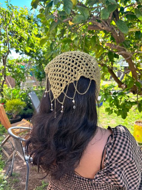 How To Wear Crochet Bandana, Braided Crochet Headband, Crochet Headband Patterns, Crochet With Beads, Funky Crochet, Bandana Crochet, Braided Crochet, Crochet Headbands, Crochet Bandana