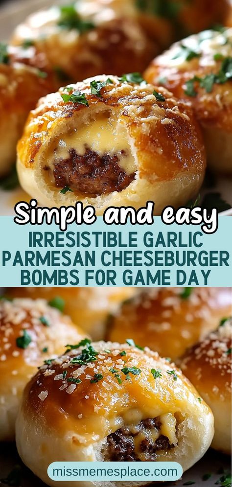 Elevate your game day snacks with these irresistible Garlic Parmesan Cheeseburger Bombs! This easy recipe wraps juicy, seasoned ground beef and melty cheddar cheese in a fluffy biscuit dough, creating the ultimate comfort food. Perfectly seasoned with garlic and topped with a sprinkle of parmesan, these bite-sized delights are sure to be the star of your next gathering. Serve them warm with your favorite dipping sauces and watch them disappear in no time! Superbowl Food, Super Bowl Snacks, Seasoned Ground Beef, Bite Size Appetizers, Biscuit Dough, Superbowl Snacks, Best Appetizer Recipes, Game Day Recipes, Superbowl Party Food