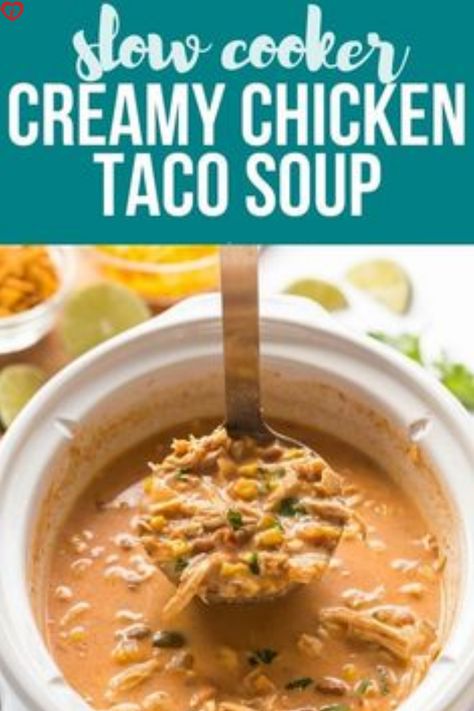 This yummy soup is an easy slow cooker dinner recipe made with just a handful of simple ingredients including chicken breasts, taco seasoning, beans, corn, tomatoes, green chilies, shredded cheese and heavy cream... Chicken Breast Soup Recipes, Taco Chicken Recipes, Crockpot Taco Chicken, Kiffles Recipe, Creamy Chicken Taco Soup, Chicken Recipes Shredded, Recipes Shredded Chicken, Chicken Breast Soup, Taco Soup Slow Cooker