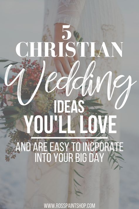 If you're planning a Christian wedding and want to incorporate faith into it, then these 5 Christian wedding ideas are perfect! From decor, to your guest book, to vows and more, these 5 ideas will allow your to add statement faith pieces into your big day without any extra stress. RossPaintShop.com #christianweddingideas #wedding #christian #weddingideas #weddingplanning Bible Wedding Bouquet, Christian Wedding Rituals, Fun Christian Wedding Ideas, Christian Wedding Vows To Wife, Christian Traditions Wedding, Christian Guest Book Ideas, Remarried Wedding Ideas, How To Incorporate God Into Wedding, Christian Wedding Sayings And Quotes