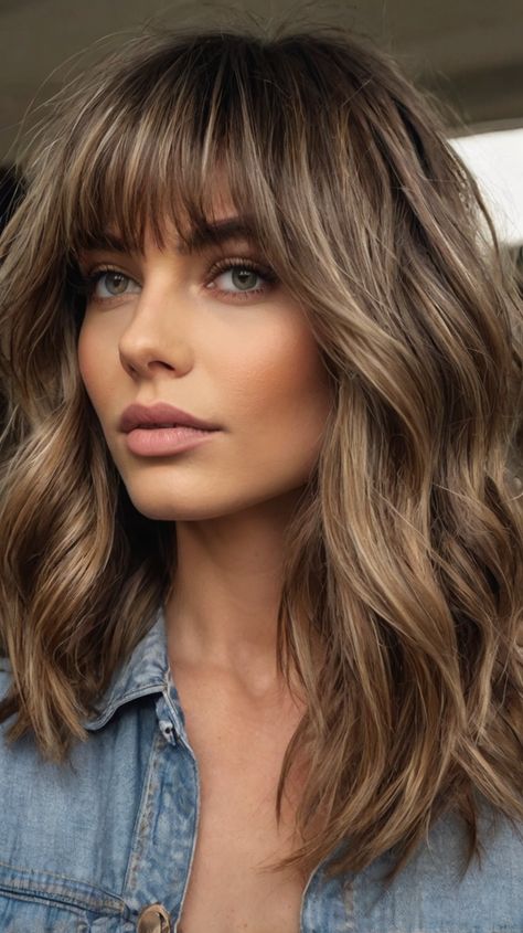 medium length gray hairstyles with bangs Mid Length Hair With Bangs Brunette, Highlights With Bangs Brown Hair, Medium Length Hair With Bangs Fine Hair, Modern Bangs Medium Hair, Full Fringe Hairstyles Shoulder Length, Fall Hair Color For Brunettes With Bangs, Medium Bob Haircut For Fine Hair Shoulder Length Over 50, Spring Hairstyles Medium Length, Bangs Round Face Shoulder Length