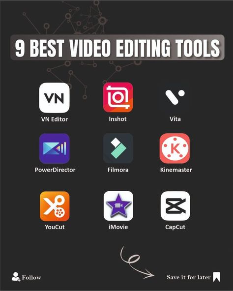 9 Best video editing tools, Vn Editor, Inshot, Vita, Power Director, Filmora, Kinemaster, YouCut, iMovie, CapCut, Best online platfom for video editing, free video editng tools Video Editing Tools, Learn Editing, Video Editing Tips, Video Editing Course, Video Editing Ideas, Good Video Editing Apps, Podcast Ideas, Email Marketing Business, Best Video Editing