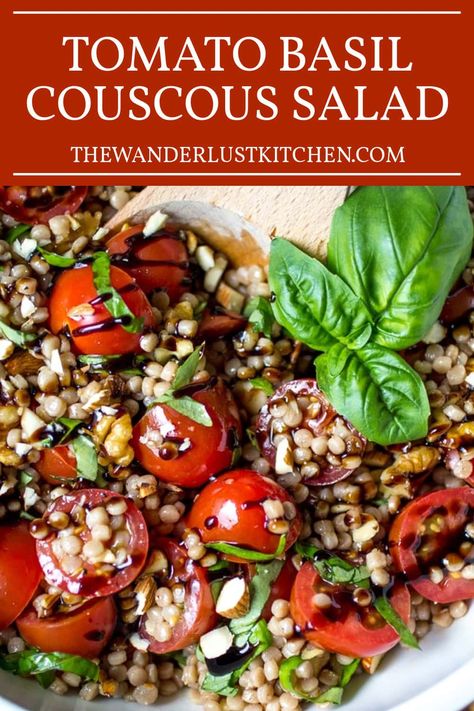 Enjoy a burst of freshness with our Tomato Basil Couscous Salad, mixing pearl couscous with ripe tomatoes, fragrant basil, and crisp almonds, drizzled in rich balsamic glaze. Basil Couscous, Savory Potato Salad, Balsamic Pearls, Homemade Dressing Recipe, Pearl Couscous Salad, Southwest Quinoa Salad, Couscous Salad Recipes, Mediterranean Cooking, Heirloom Tomato Salad