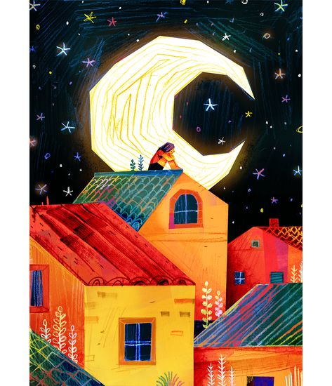 Closer Homes houses ILLUSTRATION moon night stars supermoon town whimsical Night Illustration, Star Illustration, Moon Illustration, Night Art, Dreamy Art, Children's Book Illustration, Funky Art, Art Plastique, Illustration Print