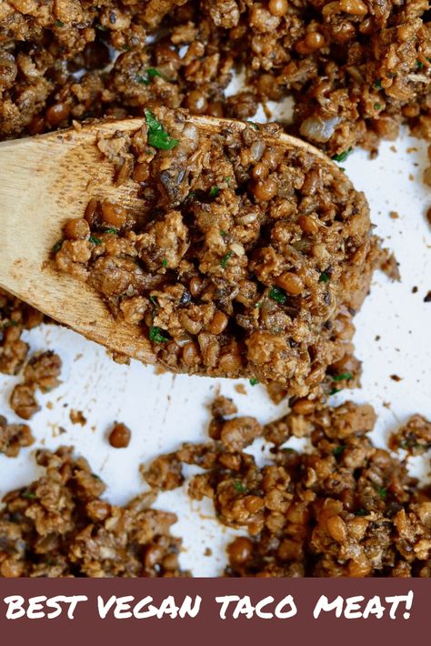 The BEST Vegan Taco Meat Recipe! made with just a few ingredients, Gardein Beefless Ground Crumbles, mushrooms, lentils and homemade taco seasoning. It’s ready in minutes! Perfect for tacos, quesadillas, nachos, burrito bowls and more! Nut free & protein rich. Vegan Taco Meat Recipe, Vegan Taco Meat, Tvp Recipes, Chickpea Vegan, Taco Meat Recipe, Vegan Tacos Meat, Vegetarian Nachos, Vegan Ground Beef, Taco Meat Recipes