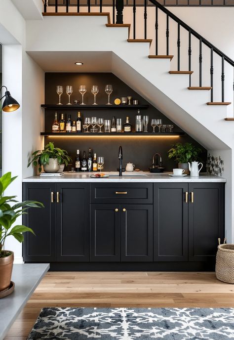 Staircase Storage Under Stairs Staircase Wine Rack, Bar In Staircase, Under The Stair Bar Ideas, Understair Bar Built Ins, Under The Stairs Dry Bar, Area Below Staircase Design, Under The Stairs Cabinet Ideas, Under Stair Wet Bar, Under The Stair Bar