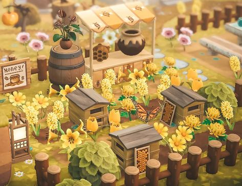 Jo ✨ on Instagram: “Finnegan’s honey farm recently relocated and expanded! Ethically sourced, of course 🐝🍯🧡 Using @delmochi.crossing’s “Jellybean” preset and…” Farm Island Animal Crossing, Nooks Cranny Ideas Cottagecore, Animal Crossing Orchard Ideas, Animal Crossing Flower Combinations, Animal Crossing Island Aesthetic, Animal Crossing Orchard, Farm Animal Crossing, Acnh Orchard Ideas, Acnh Farm Design