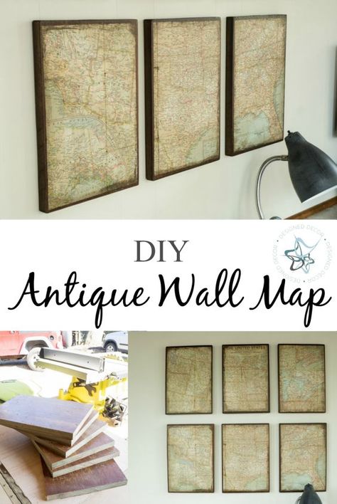 DIY Antique Wall Map- Learn how to custom make an aged wall map to fill your empty wall space. Designed Decor Diy Map, Map Posters, Wall Office, Diy Wand, Dekor Diy, Globe Decor, Map Wall Decor, European Home Decor, Traditional Interior Design