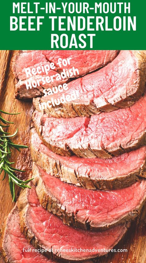 Melt-in-your-mouth Beef Tenderloin Roast by Renee's Kitchen Adventures is an easy to prepare special occasion roast perfect for a holiday meal. People are raving about this easy roast that comes out so tender. Tenderloin Recipes Oven, Beef Tenderloin Roast Recipes, Filet Mignon Roast, Roasted Beef Tenderloin, Beef Tenderloin Recipe, Whole Beef Tenderloin, Best Dinners, Easy Roast, Beef Tenderloin Recipes