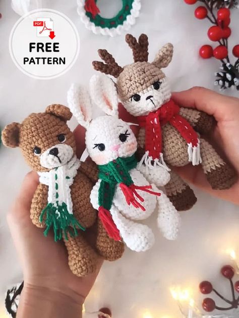 3 In 1 Free crochet animal friends patterns for beginners Easy Christmas Amigurumi Free Pattern, Reindeer Crochet Pattern Free, Crochet Deer Pattern Free, Crochet Reindeer Pattern Free, Rabbit Crochet Pattern Free, Holiday Crochet Patterns Free, Crocheted Rabbit, Amigurumi Crochet Free Pattern, Diy Crochet Amigurumi