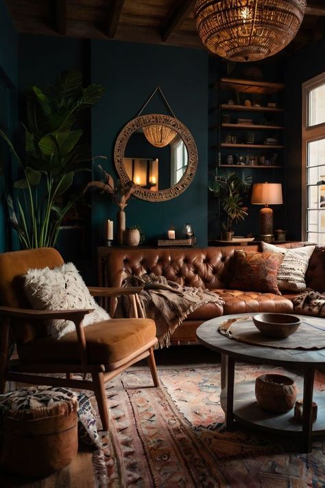 Boho Living Room Colored Walls, Living Room Dark Decor, Moody Bohemian Decor, Dark Boho Gallery Wall, House Interior Boho Chic, Dark Lounge Ideas Living Rooms, Bold Mid Century Modern Living Room, Dark And Moody Massage Room, Dark Hacienda Style