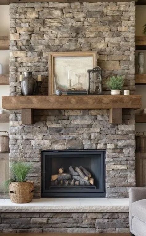 Modern Farmhouse Fireplace Ideas, Style A Fireplace, Fireplace With Built Ins, Stone Fireplace Decor, Farmhouse Fireplace Ideas, Modern Farmhouse Fireplace, Rustic Stone Fireplace, Farmhouse Fireplace Decor, Stacked Stone Fireplaces