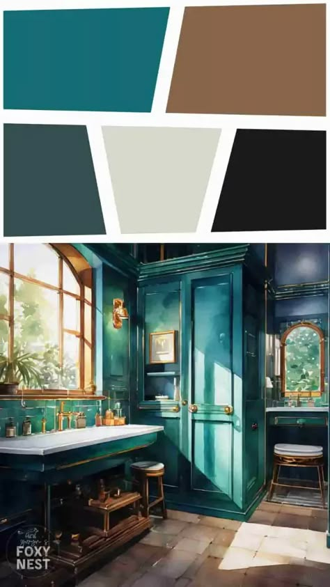 Elevate your bathroom with stunning teal cabinets!Add metallic accents like copper or matte black fixtures for a touch of sophistication. Incorporate natural wood elements to add warmth and texture. Finish with teal and white accessories, like towels and decorative items, to create a cohesive and stylish space. Transform your bathroom into a serene oasis with this elegant Teal Bathroom Cabinets Color Palettes! 🛁✨ Teal Color Palette Bathroom, Dark Teal Cabinets Bathroom, Teal Bathroom Ideas Decor, Deep Teal Bathroom, Teal Bathroom Tiles, Teal Interior Design, Teal Wall Colors, Teal Bathroom Ideas, Teal Cabinets