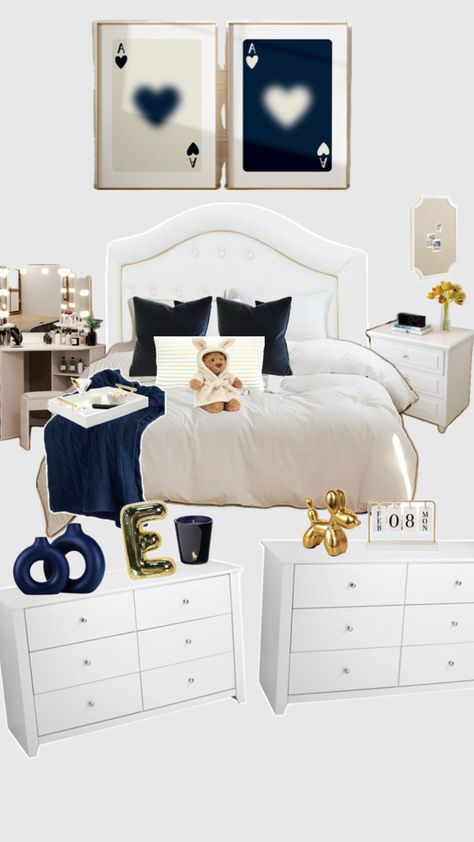 Ideas for my room makeover! Navy Room Decor, White Gold Room, Dorm Blue, Blue Themed Bedroom, Cute Room Stuff, Blue And White Room, Navy Room, Blue White Bedroom, Blue And Gold Bedroom