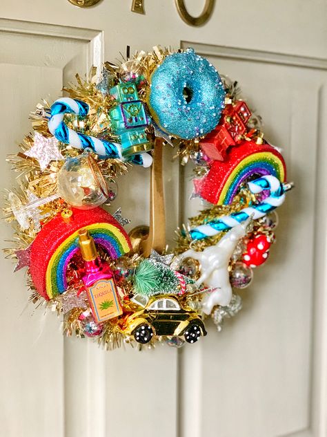 Alternative Christmas Wreath, Funky Christmas Wreath, Whimsical Christmas Wreaths, Quirky Christmas Decorations, Quirky Wreath, Funky Ornaments, Maximalist Christmas Decor, Alternative Wreath, Funky Christmas Decor