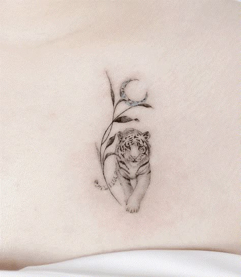 Small Big Cat Tattoo, Simple Tiger Tattoo For Women, Tiger Neck Tattoo For Women, Minimal Tiger Tattoo For Women, Wild Cat Tattoo For Women, Small White Tiger Tattoo, Moon Tiger Tattoo, Tattoos Of Tigers, Tattoo Ideas Tiger Women