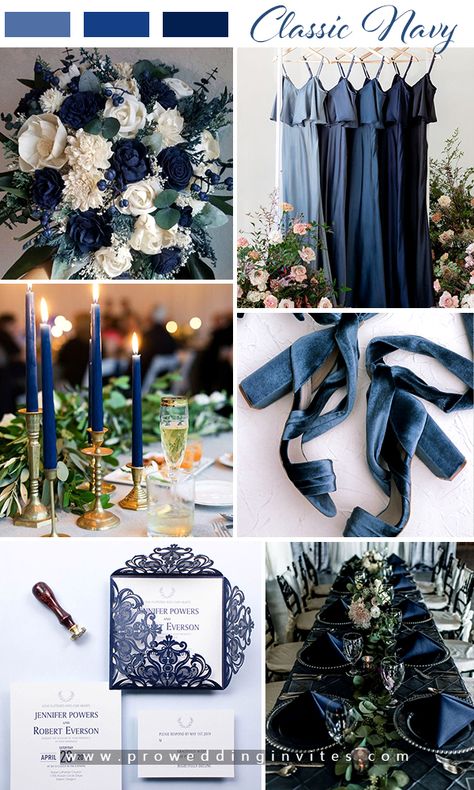 Blue Wedding Theme Winter, Dark Blue Wedding Theme, Metallic Wedding Colors, Classic Blue Wedding, Blue Wedding Theme, 2023 Weddings, Dark Blue Wedding, Spring Bridesmaid Dresses, Wedding Color Palettes