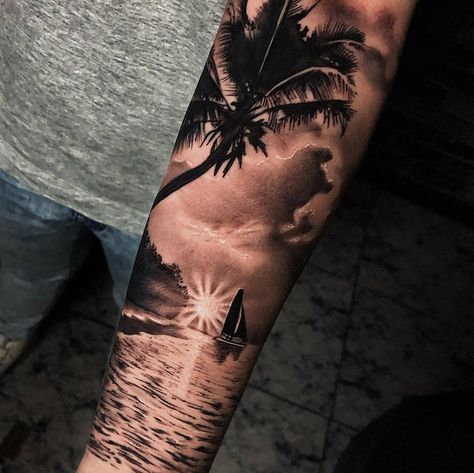 Tropical Tattoo Ideas, Beach Sunset Tattoo, Strand Tattoo, Tropical Tattoo, Sunset Tattoo, Hawaii Tattoos, Homecoming Nails Almond, Sunset Tattoos, Tattoo Placement Ideas