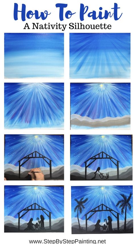 Nativity Silhouette Painting Acrylics For Beginners, Nativity Painting, Nativity Silhouette, Christmas Paintings On Canvas, Silhouette Painting, Nativity Christmas, Paint Nite, Canvas Painting Tutorials, Painting Christmas