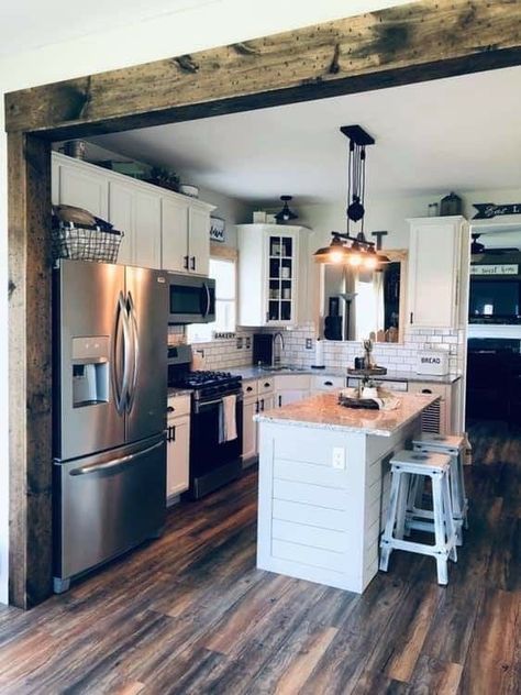 Rustic Kitchen Living Room Combo, Small Kitchen Mobile Home, Rustic Remodeling Ideas Farmhouse Style, Single Wide Farmhouse Remodel, Easy Diy Mobile Home Updates, Farmhouse Style Mobile Home, Trailer Home Kitchen Remodel, Manufactured Home Farmhouse Remodel, Small Mobile Home Kitchen Remodel Single Wide