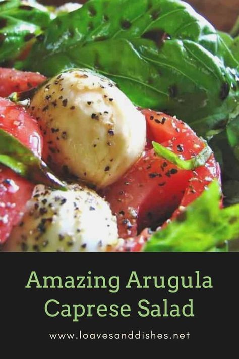 I think you are going to love arugula and this amazing arugula caprese salad! #arugla #salad #fresh #delicious Caprese Salad Arugula, Arugula Mozzarella Tomato Salad, Caprese Salad With Arugula, What To Make With Arugula, Arugula Mozzarella Salad, Arugula Caprese Salad, Caprese Dishes, Arugala Recipes Salad, Arugula Salads