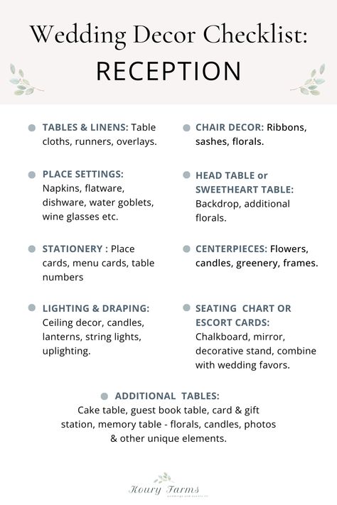 Don't forget a thing with this ultimate wedding reception decor checklist. These list out all the decor items you will need for a wedding reception. Read the full post to learn more and also grab the wedding reception decor checklist too! We are here to make wedding planning as easy as possible so that you have a stress free wedding! Wedding Reception Decor Checklist, Simple Wedding Reception Decorations Table, What Tables Do You Need At A Wedding, Reception Diy Decorations, Miscellaneous Wedding Things, Reception Extras Checklist, Wedding Decor Essentials, Reception Signs Wedding, Decor List For Wedding