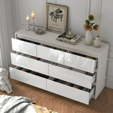 "ChVans Modern 7 Drawer Dresser, 55"" High Gloss White Wood Chest for Bedroom, Living Room, Entryway" - Walmart.com White Bedroom Storage, Pretty White Dresser, White Dresser 6 Drawer, Clothes Drawer Ideas, White Dresser In Bedroom, Large White Dresser, Wall To Wall Dresser, Tall Dressers For Bedroom, Cute Bedroom Storage