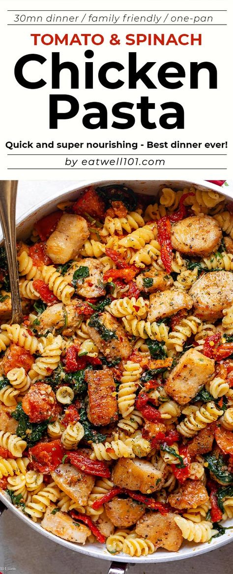 Tomato Spinach Chicken Pasta Recipe - #chicken #pasta #recipe - Give this tomato spinach chicken pasta recipe a try anytime you are craving comfort food! - #recipe by #eatwell101® Tomato Spinach Chicken Pasta, Spinach Chicken Pasta, Chicken Tomato Pasta, Rotini Pasta Recipes, Chicken Recipes With Tomatoes, Spinach Tomato Pasta, Spinach Pasta Recipes, Chicken Spinach Pasta, Tomato Pasta Recipe