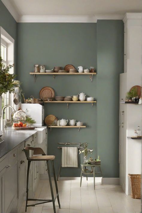 painting walls, interior paint color, kitchen wall decor, designer paint colors Kitchen Cream Cabinets Green Wall, Safe Green Kitchen Walls, Green Panelling Kitchen, Grey Kitchen Cabinets Green Walls, Evergreen Fog Kitchens, Colour Ideas For Kitchen Walls, Green Kitchen Paint Walls, Grey Green Kitchen Walls, Kitchen Color Wall Ideas