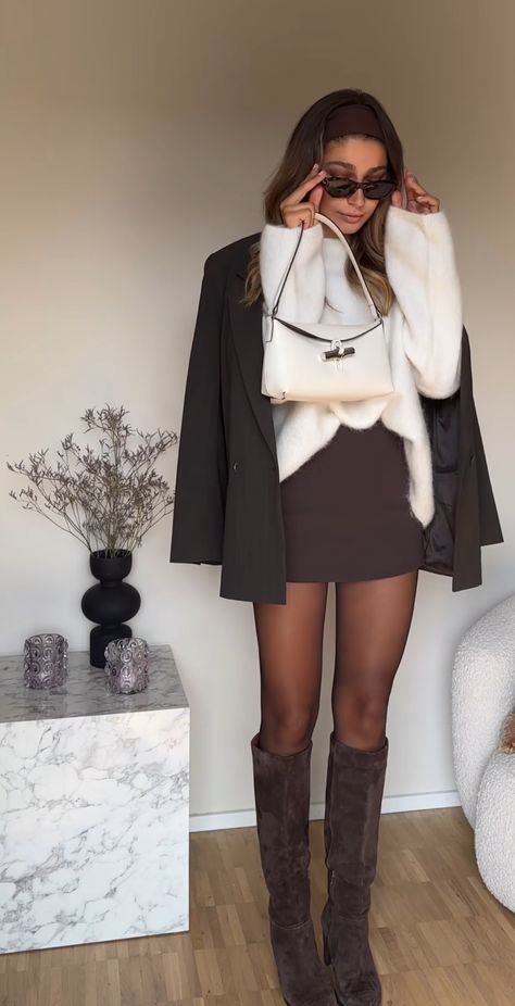 Mini Skirt With Knee High Boots, Winter City Night Outfit, Natasha Oakley Wedding, Brown Skirt With Boots, Long Boots Winter Outfit, Day Drinks Outfit Winter, Sheerluxe Outfits, Steakhouse Date Night Outfit, Cold Weather Going Out Outfits Bar