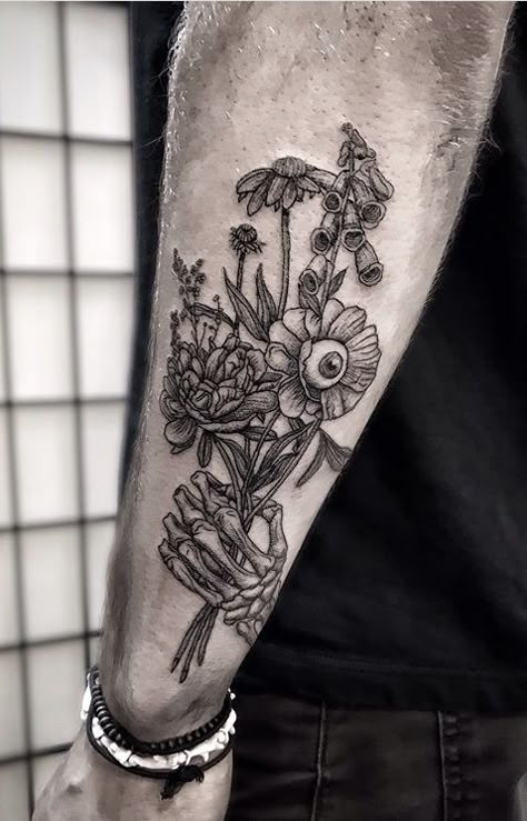 eye floral flower bouquet skeleton bones hand creepy Skull Inspired Tattoo, Flowers With Eyeballs Tattoo, Skeleton Peace Sign With Flowers Tattoo, Skeleton Watering Skeleton Tattoo, Emo Floral Tattoo, Skeleton Ankle Tattoo, Skull Flower Bouquet Tattoo, Skeleton Hand Bouquet Tattoo, Floral Grim Reaper Tattoo