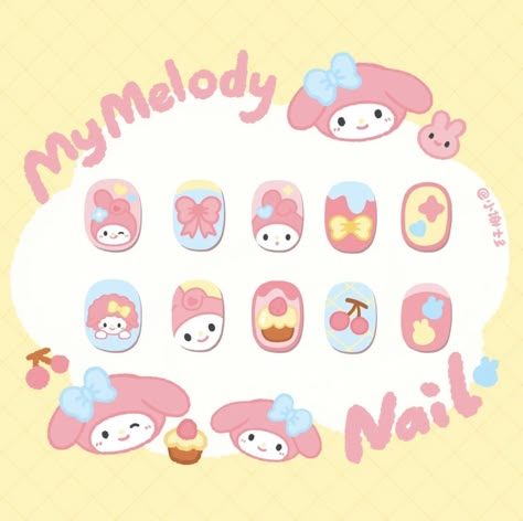 My Melody Nail Art, Melody Nail Art, My Melody Nails, Nail Planner, Pikachu Nails, Paper Nails, School Stickers Labels, Sanrio Nails, Cute Manicure