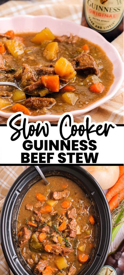 Crockpot Irish Guinness Beef Stew - A classic Irish beef stew with a Guinness base, packed with potatoes, carrots, and tender slow-cooked beef. Full of fresh herbs, this stew evokes a feeling of true comfort on cold winter nights. | www.persnicketyplates.com Irish Stew Crockpot, Slow Cooker Guinness Beef Stew, Irish Beef Stew Crockpot, Irish Guinness Beef Stew, Guiness Stew, Guinness Beef Stew Slow Cooker, Beef And Guinness Stew, Beef And Ale Stew, Irish Stew Recipe