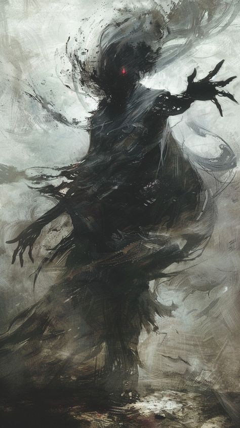 A shadowed figure shrouded in swirling black mist, eyes glowing an eerie red, performs a ritualistic dance. A ghostly apparition rises from the ground, its form flickering and distorted, reaching out with skeletal fingers. The air crackles with arcane energy, casting long, ominous shadows on the desolate landscape. Shadow Figure Art, Shadow Demon Art, Dnd Shadow, Black Entity, Black And Red Painting, Fantasy Shadow, Dance Character, Fantasy Ghost, Shadow Character